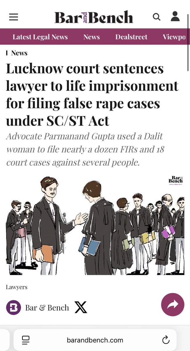 AnkurSingh's tweet photo. 🚨Shocking Misuse of SC/ST Act

Lucknow court sentences Lawyer Parmanand Gupta to life imprisonment for using a Dalit Girl to file Fake Rape Cases Under SC/ST Act.

He used a Dalit girl to file 11 FIRs and 18 cases and used it for extorting money from victims.

Dalit girl worked in salon of lawyer's wife. She turned approver against the lawyer.