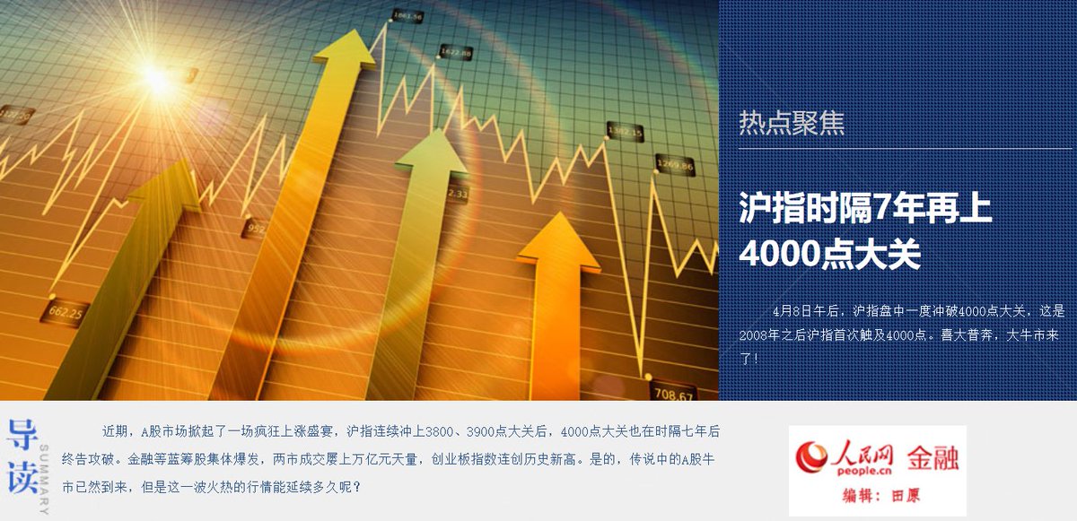 人民网金融频道2015年4月专题：

4月8日午后，沪指盘中一度冲破4000点大关，这是2008年之后沪指首次触及4000点。喜大普奔，大牛市来了！