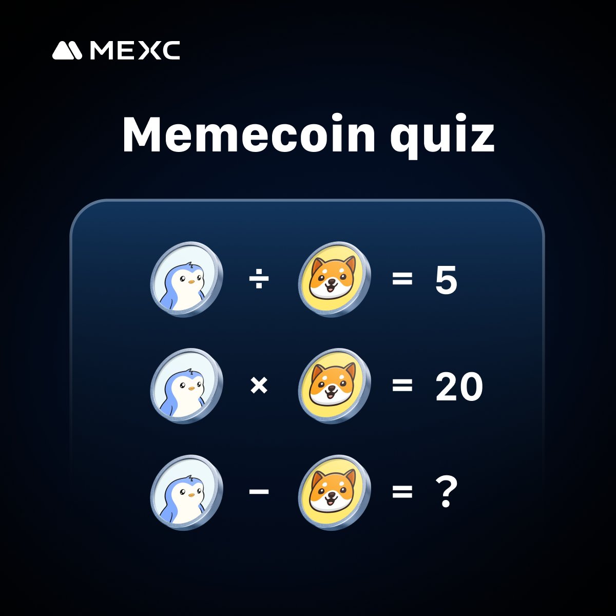 🧐 Es hora de #MEXCQuiz

💡 ¿Listo para probar tu MEME IQ? ¡Juega y gana premios!

Cómo participar:
🔷 Rellena el formulario:gleam.io/RP93j/memecoin…

🏆 Premios: 10 × 5 $USDT

📅 Finaliza el 24 de agosto

#Giveaway #MEXC #PENGU