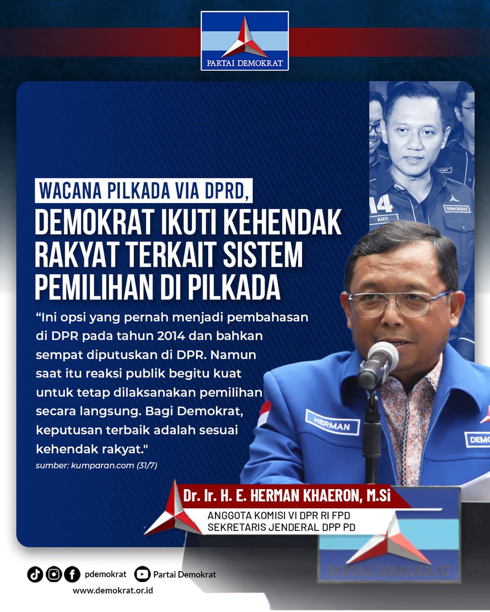 Demokrat_TV's tweet photo. "Ini opsi yang pernah menjadi pembahasan di DPR pada tahun 2014 dan bahkan sempat diputuskan di DPR. namun saat itu reaksi publik begitu kuat untuk tetap dilaksanakan pemilihan secara langsung. bagi Demokrat, keputusan terbaik adalah sesuai kehendak rakyat." - Herman Khaeron - https://t.co/5Rq6QxU24j