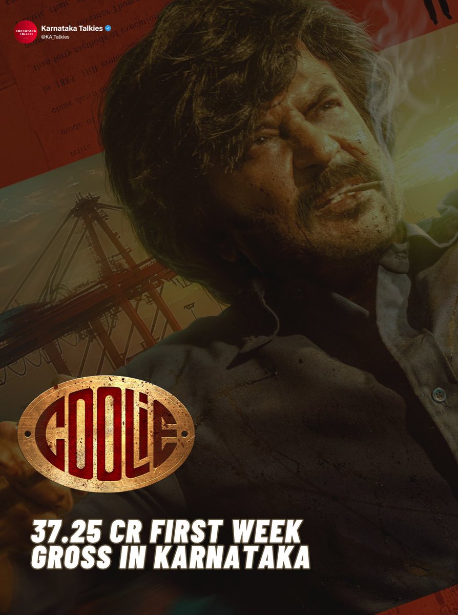 #Coolie - ₹37.25 Cr gross at Karnataka Box office in 1 week. 2nd biggest 1st week gross for a Tamil film. Missed ATR chance with mixed WOM

Top 1st week K'wood grossers

1. #Jailer - ₹47.5 Cr
2. #Coolie - ₹37.25 Cr
3. #2Point0 - ₹34 Cr
4. #Leo - ₹31.9 Cr
5. #PS1 - ₹20 Cr