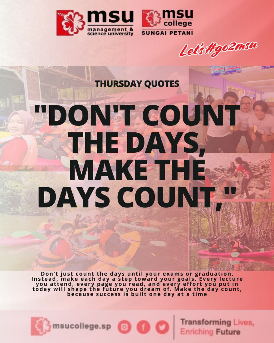 Instead of counting how many days are left, focus on what you can achieve today. Great achievements start with the small steps you take every day.👨‍🎓👩‍🎓

☎️: 04-4257602
💻: linktr.ee/msucollege.sp

#msumalaysia
#msusungaipetani
#spm2023 
#spm2024
#letsgo2MSU
