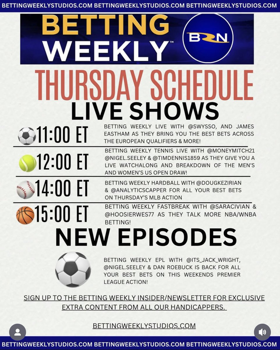 Betting Weekly Studios (@becausewewin) on Twitter photo Thursday’s schedule
What a day ahead 👀
<a href="/meatmansoccer/">Steve Wyss</a> <a href="/james_eastham/">James Eastham</a> <a href="/MoneyMitchM21/">Mitch Michals</a> <a href="/seeley_nigel/">Nigel Seeley</a> <a href="/timdennis123/">tim dennis</a> <a href="/DougKezirian/">Doug Kezirian</a> <a href="/AnalyticsCapper/">Analytics Capper</a> <a href="/SaraCivian/">Sara</a> <a href="/WesReynolds1/">Wes Reynolds</a> <a href="/_Jack_Wright/">Jack Wright</a> <a href="/danroeb/">danroe</a>
Join us today LIVE for the US Open 🎾 draw 12:00 ET/17:00 UK
youtube.com/live/gfMoLNDqf… Thursday’s schedule
What a day ahead 👀
<a href="/meatmansoccer/">Steve Wyss</a> <a href="/james_eastham/">James Eastham</a> <a href="/MoneyMitchM21/">Mitch Michals</a> <a href="/seeley_nigel/">Nigel Seeley</a> <a href="/timdennis123/">tim dennis</a> <a href="/DougKezirian/">Doug Kezirian</a> <a href="/AnalyticsCapper/">Analytics Capper</a> <a href="/SaraCivian/">Sara</a> <a href="/WesReynolds1/">Wes Reynolds</a> <a href="/_Jack_Wright/">Jack Wright</a> <a href="/danroeb/">danroe</a>
Join us today LIVE for the US Open 🎾 draw 12:00 ET/17:00 UK
youtube.com/live/gfMoLNDqf…