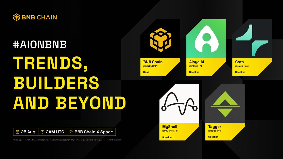 BNBCHAIN's tweet image. It&apos;s time for another #AIonBNB X Spaces.

Come hear from fellow builders @Alaya_AI, @Gata_xyz, @myshell_ai and @TaggerAI as they share about trends, their stories and where AI in Web3 is headed next.

🗓️ Aug 25, 02:00 UTC

Set your reminders 👇
x.com/i/spaces/1OwxW…
