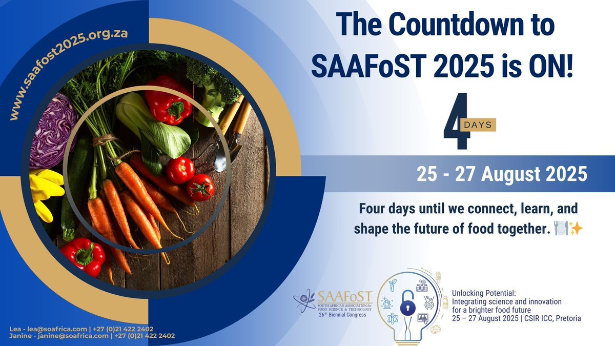 ✨ 4 DAYS TO GO ✨ Pretoria, are you READY? 🤩 The future of food is coming to life at SAAFoST 2025!

🌟 What’s in store: • Power-packed panels • Cutting-edge tech exhibits • Global networking

📍 CSIR ICC | 25–27 Aug 
🔗tinyurl.com/ms4fr5xf

 #FoodScienceVibes #SAAFoST2025