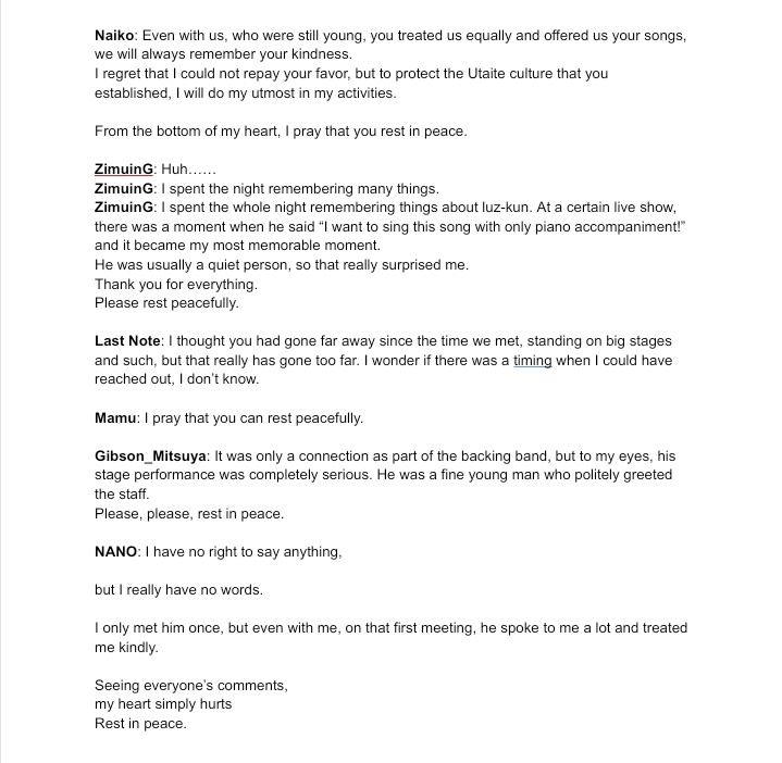 People from the community (utaites, producers, musicians, etc.) regarding the passing of luz.