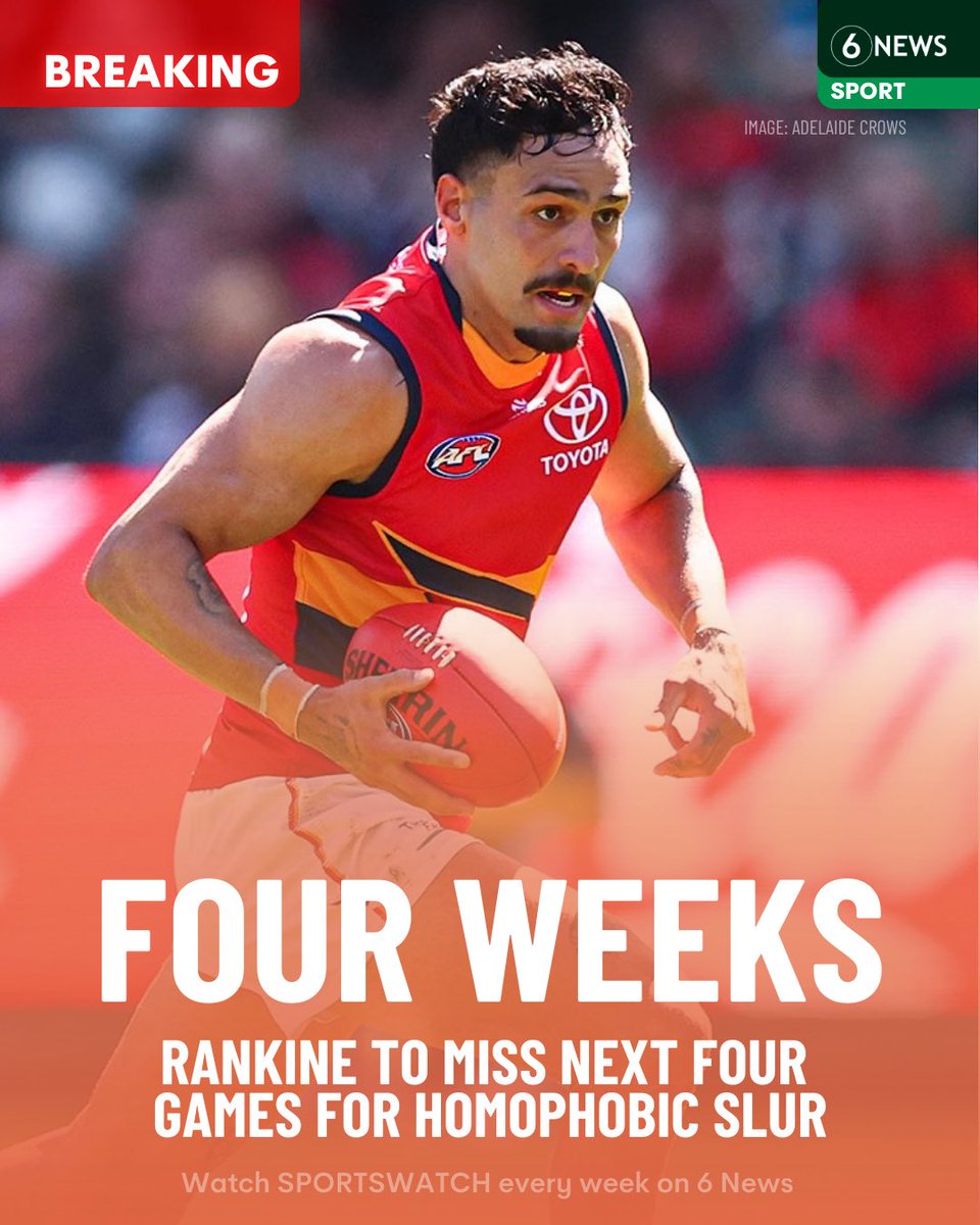 6NewsAU's tweet photo. #BREAKING 🚨 Adelaide’s Izak Rankine has been suspended for four matches for using a homophobic slur against a Collingwood opponent during an AFL match over the weekend

It gives him a chance of playing in the grand final, depending on how the finals series unfolds for the Crows https://t.co/esXbUdmmZu