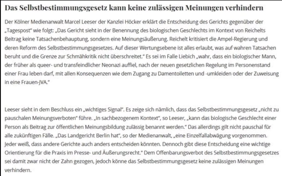 In der katholischen Wochenzeitung <a href="/DieTagespost/">Die Tagespost</a> habe ich mich zum Erfolg von <a href="/jreichelt/">Julian Reichelt</a> (und RA <a href="/Steinhoefel/">Steinhoefel</a>) gegen #Liebich geäußert. Gute Entscheidung des <a href="/lgberlin/">Landgericht Berlin</a>!