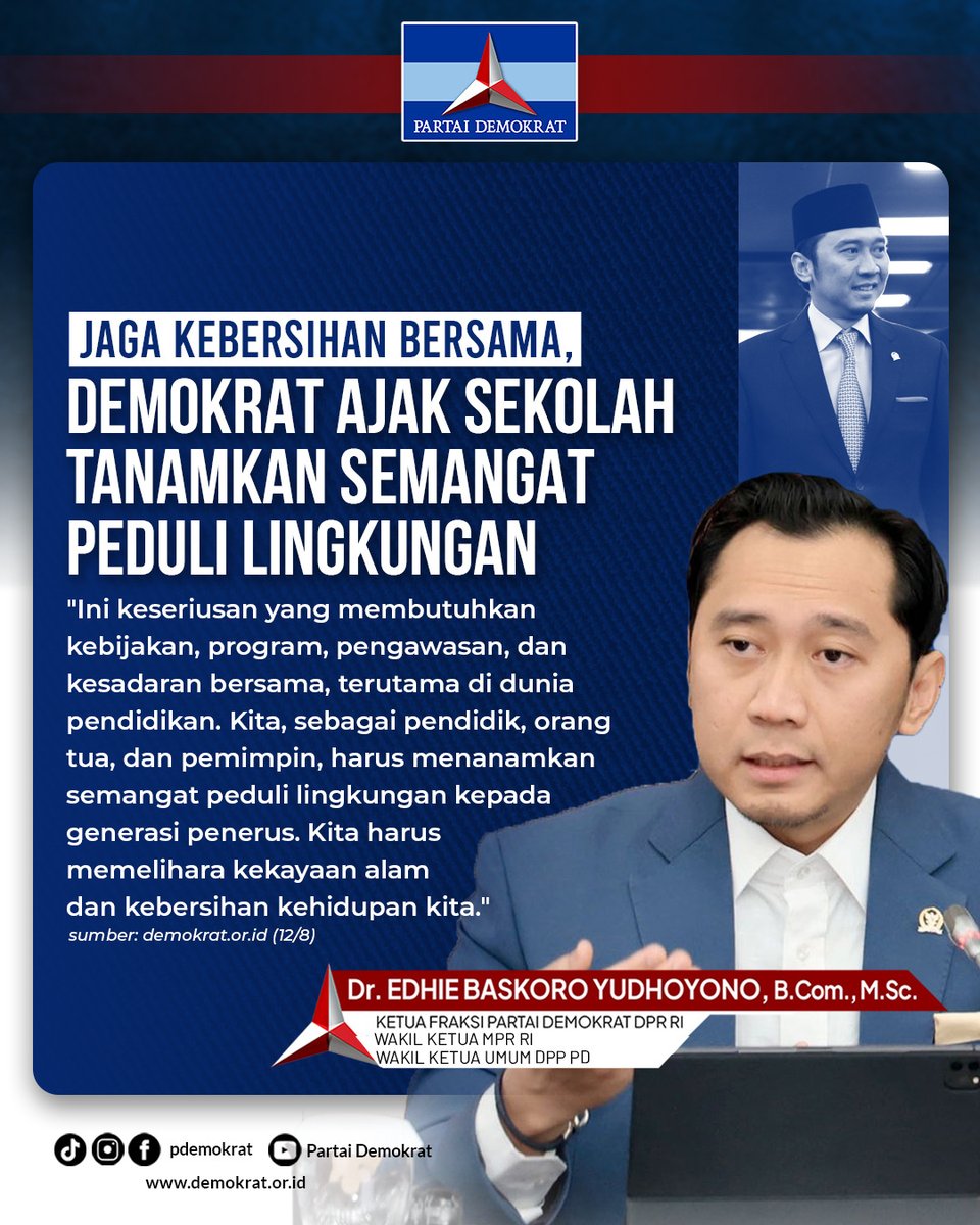 Demokrat_TV's tweet photo. "Ini keseriusan yang membutuhkan kebijakan, program, pengawasan, dan kesadaran bersama, terutama di dunia pendidikan. kita, sebagai pendidik, orang tua, dan pemimpin, harus menanamkan semangat peduli lingkungan kepada generasi penerus." - Dr. Edhie Baskoro Yudhoyono - https://t.co/AHHsUO99lf