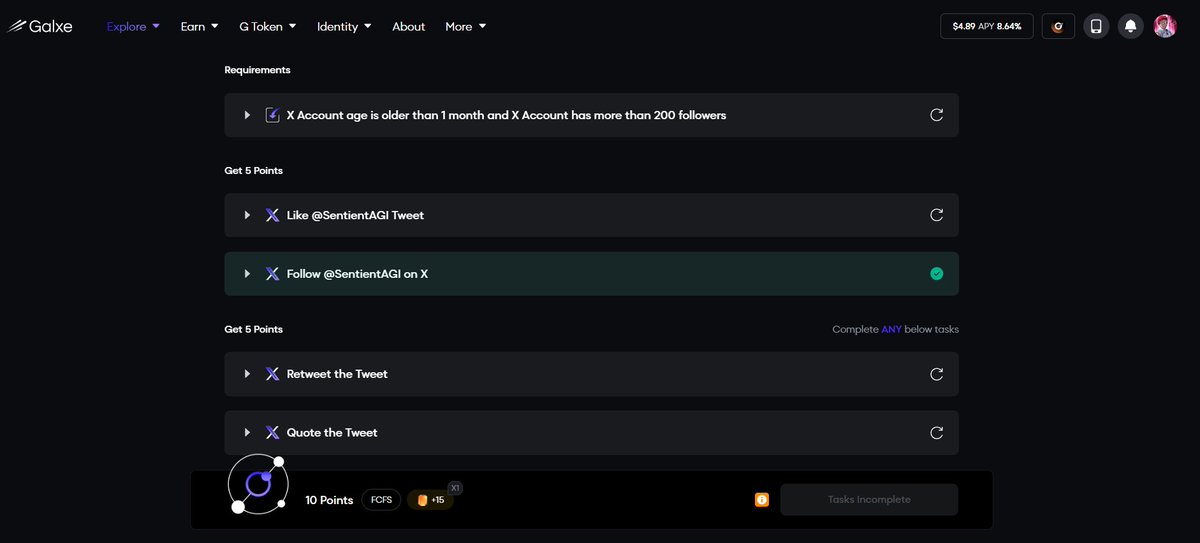 Time Sensitive Task - Ends In 4 Days  

Introducing <a href="/SentientAGI/">Sentient</a>`s Third Galxe Task - "GRID for the Best Answers"  

Loyalty Points Are Incentivized. Don`t Sleep On It

- Head To
app.galxe.com/quest/5pH5qUCo…

- Login To Your Galxe Account

Requirement - Have An X Account Older Than 1