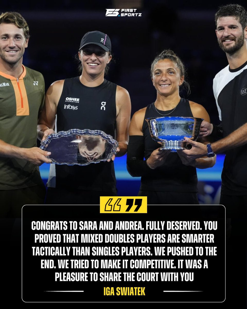 FS_Tennis1's tweet photo. Iga Swiatek acknowledges that mixed doubles players are smarter tactically than singles players 😉

#usopenmixeddoubles https://t.co/LfMUTorSyp
