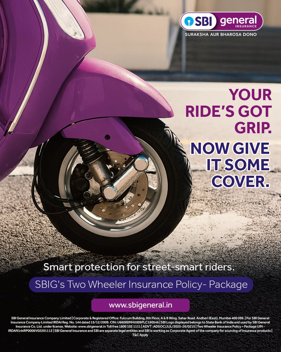sbigeneral's tweet image. Your bike handles the road. We handle the risks. 🛵💥�Get SBIG’s Two-Wheeler Insurance Policy now and ride worry free.

#TwoWheelerInsurance #SBIGeneralInsurance