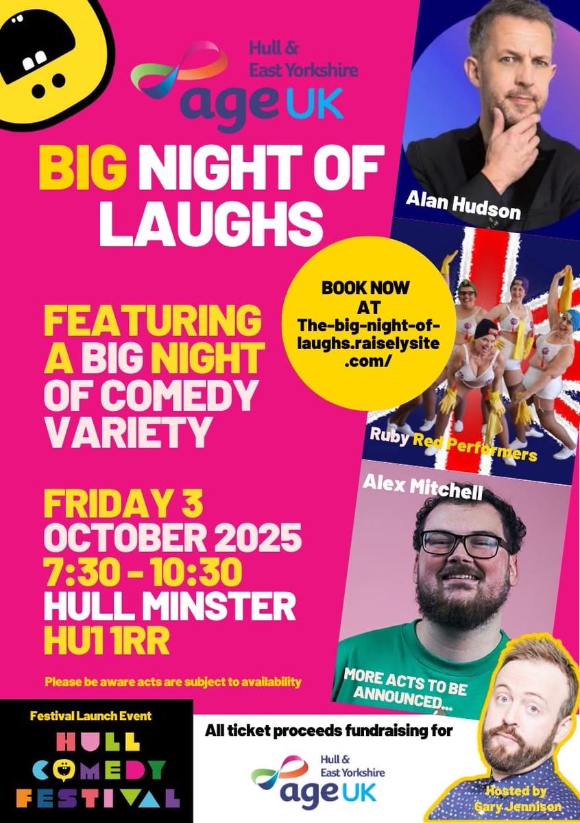 Hull Minster (@hullminster) on Twitter photo Hull Comedy Festival Launch Night
Get ready to laugh ‘til your sides hurt  – a riotous evening of comedy, variety, and all-round feel-good fun in support of Age UK Hull & East Yorkshire!
🗓 Friday 3rd October 2025
🕢 7:30 PM – 10:30 PM
Book now:
hm.churchsuite.com/events/s26ts4q5 Hull Comedy Festival Launch Night
Get ready to laugh ‘til your sides hurt  – a riotous evening of comedy, variety, and all-round feel-good fun in support of Age UK Hull & East Yorkshire!
🗓 Friday 3rd October 2025
🕢 7:30 PM – 10:30 PM
Book now:
hm.churchsuite.com/events/s26ts4q5