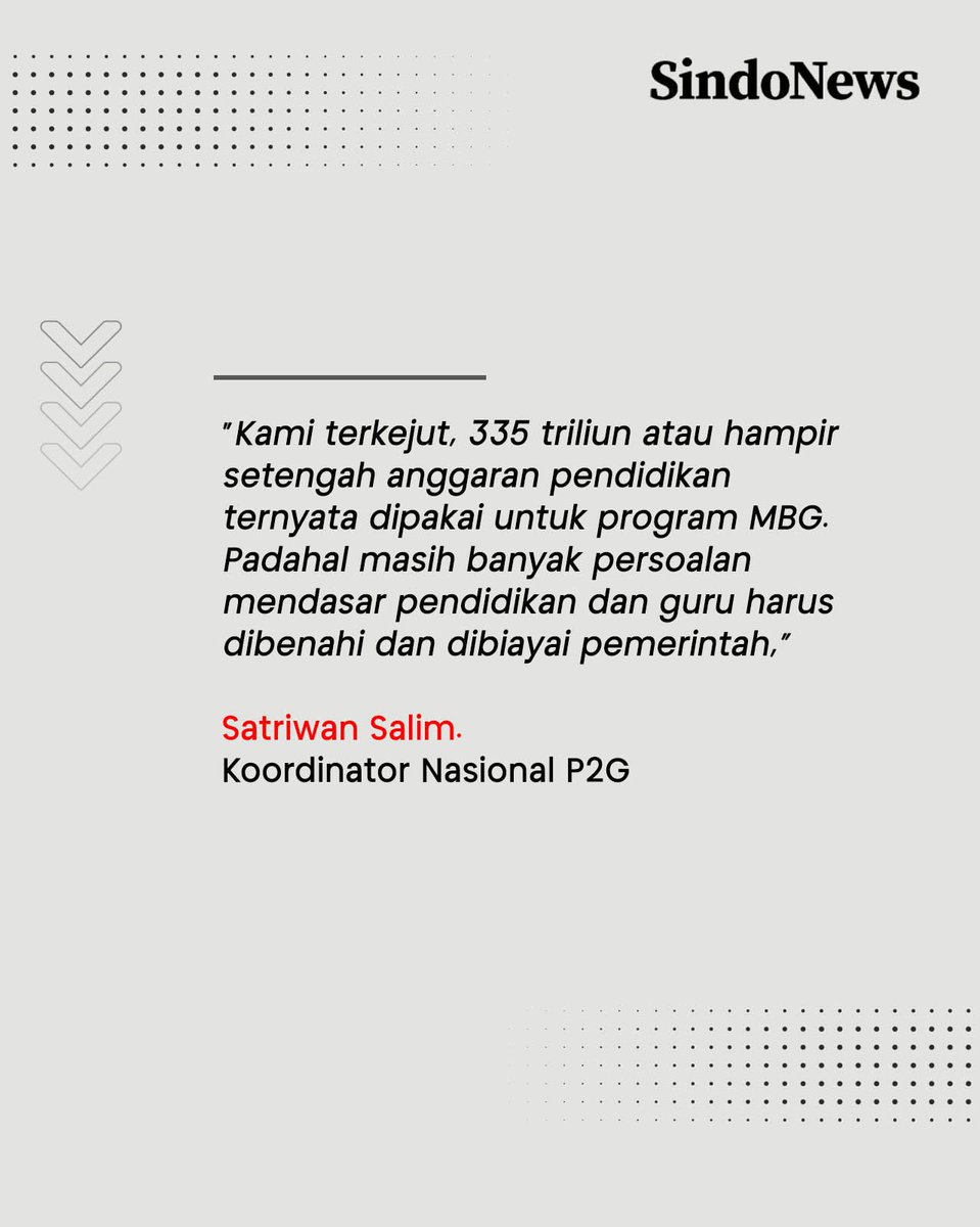 erhimpunan Pendidikan dan Guru (P2G) mengkritik alokasi anggaran pendidikan tahun 2026 sebesar Rp757,8 triliun, di mana 44,2% atau sekitar Rp335 triliun dialokasikan untuk program Makan Bergizi Gratis (MBG). P2G menilai alokasi ini kurang tepat sasaran dan tidak proporsional,