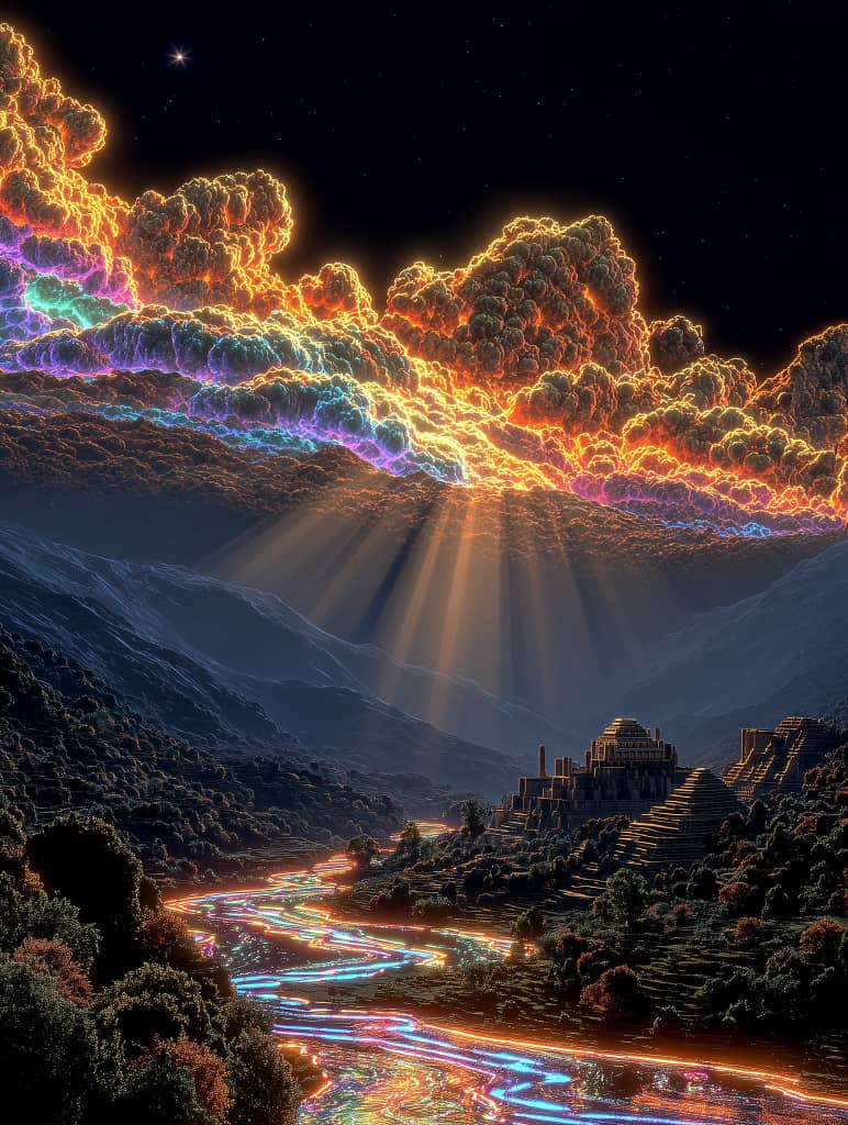 A vibrant, surreal nature scene featuring a glowing river winding through a lush valley, illuminated by colorful, radiant clouds and beams of sunlight breaking through at dawn, with ancient ruins nestled among the trees under a starry sky.

GM GM WORLD 🌎