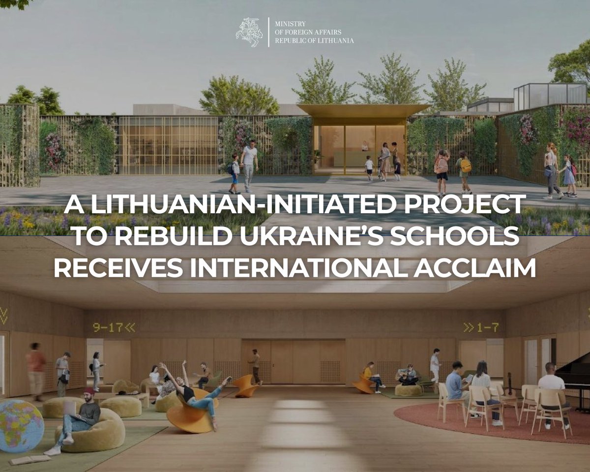 LithuaniaMFA's tweet photo. Helping children return to classrooms, Lithuania’s “Future School for Ukraine” provides a free-to-use design to rebuild schools destroyed by Russian aggression. 🇱🇹❤️🇺🇦

The project has now received the DNA Paris Design Award for sustainable &amp; inclusive architecture. #LTAid https://t.co/Ja6E8Nuifz