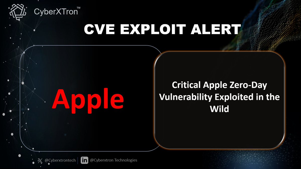 CyberxtronTech's tweet image. 🚨CVE Alert: Critical Apple Zero-Day Vulnerability Exploited in the Wild🚨
Vulnerability Details: CVE-2025-43300 - Critical Apple Zero-Day Vulnerability
Impact: A successful exploit may allow an authenticated attacker to execute arbitrary code and take full control of the…