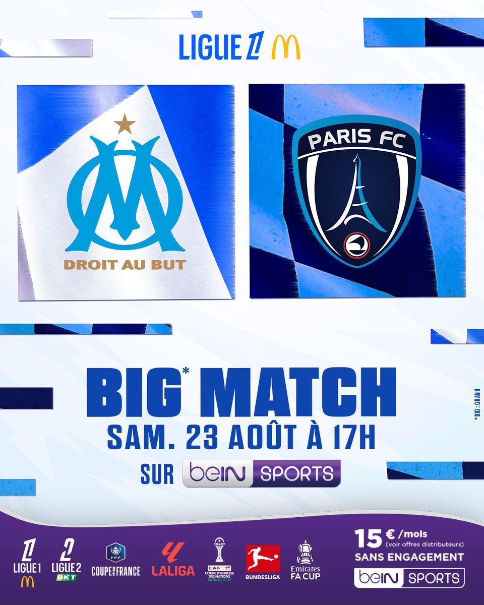 🔥 Le Big Match de ce week-end en <a href="/Ligue1/">Ligue 1 McDonald's</a> !

L'OM reçoit le Paris FC pour un choc entre deux équipes qui veulent remporter leur premier match de la saison !

📺 Un match à suivre samedi à 17H en direct sur #beINSPORTS 1 !