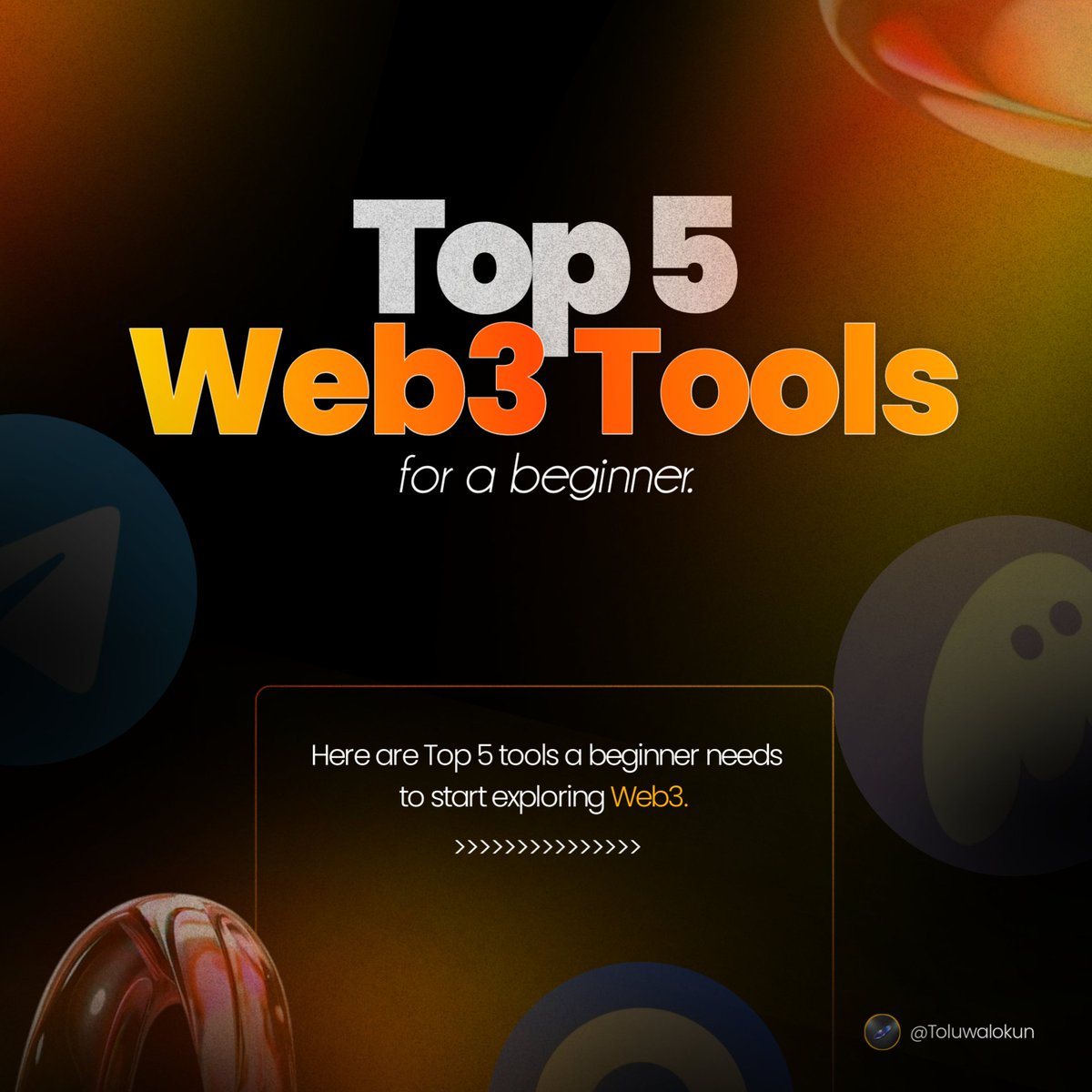 TOluwalokun's tweet image. It&apos;s (supposedly🤧) Day 3 of #30daysweb3designchallenge  with @Opara_Mariejoy.

And the day&apos;s task is to make a visual(s) encapsulating the Top 5 tools for Web3 beginners. 

So here&apos;s my submission.

What do you think ?