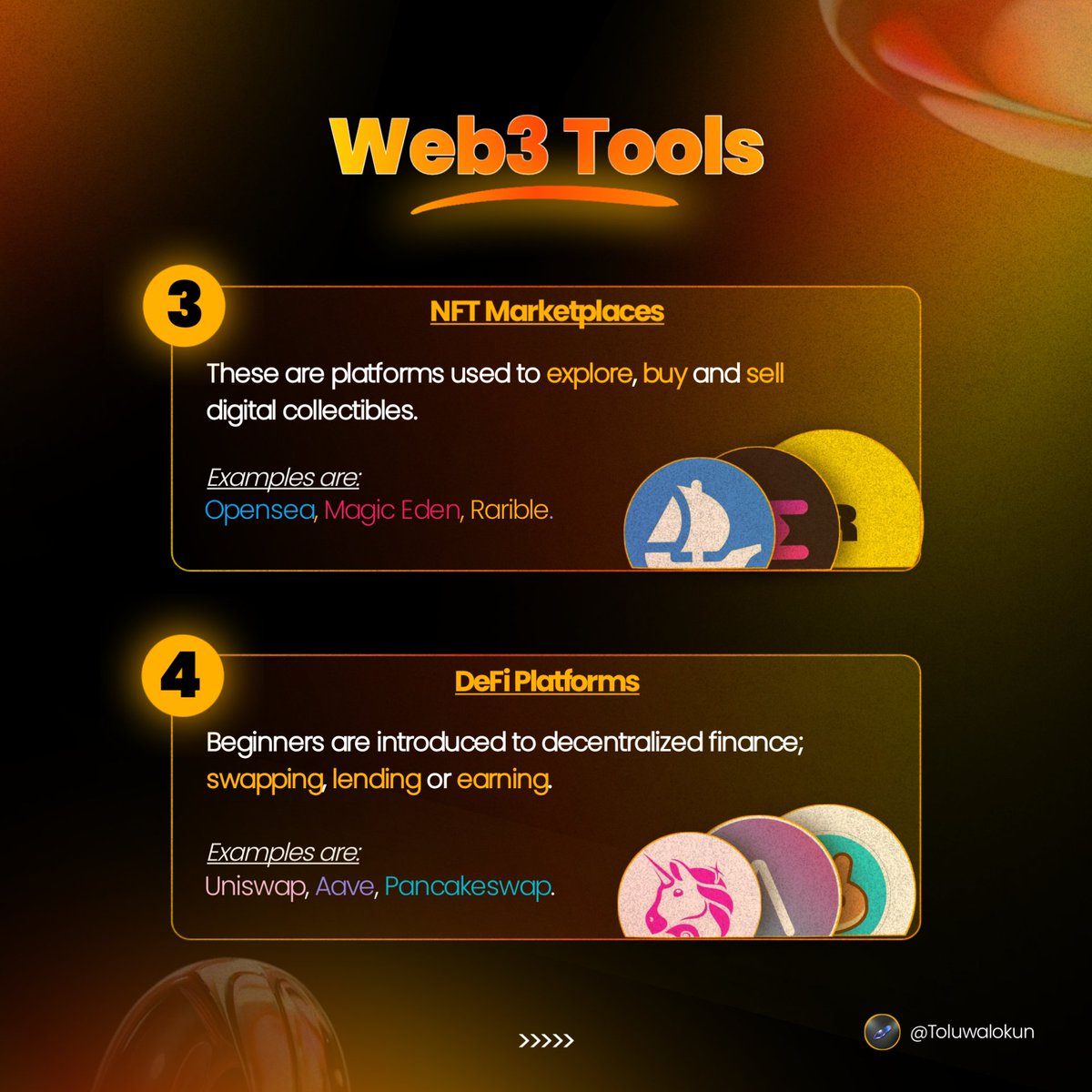 TOluwalokun's tweet image. It&apos;s (supposedly🤧) Day 3 of #30daysweb3designchallenge  with @Opara_Mariejoy.

And the day&apos;s task is to make a visual(s) encapsulating the Top 5 tools for Web3 beginners. 

So here&apos;s my submission.

What do you think ?