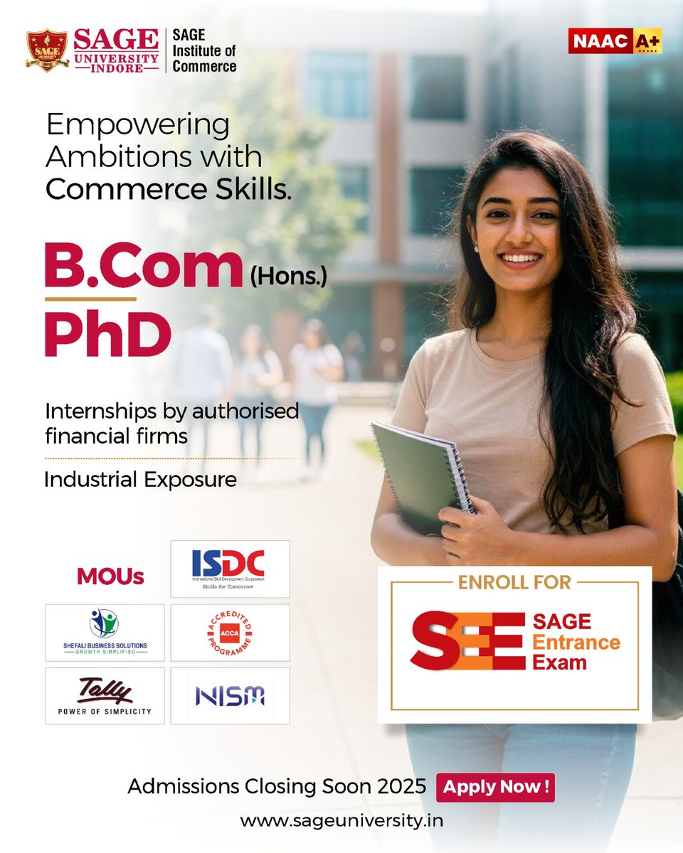 SAGE_INDORE's tweet photo. Empowering the future of finance with real-world skills!

SAGE Institute of Commerce offers https://t.co/lcJjlTcYaK. (Hons.) &amp; Ph.D. programs with internships at authorised firms, strong industry exposure &amp; collaborations with top finance institutions.
__
#SAGEUniversityIndore https://t.co/QM2JgXmLik