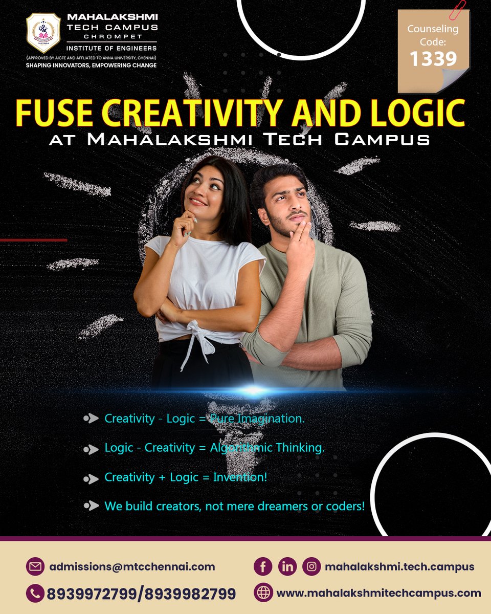 MahalakshmiTech's tweet image. Creativity + Logic = Innovation
At MTC, students don’t just code they create.
Unleash your creative logic at Mahalakshmi Tech Campus!
#mtcchennai #creatorsnotcoders #logicandcreativity #engineeringadmissions #techcampus #invention
