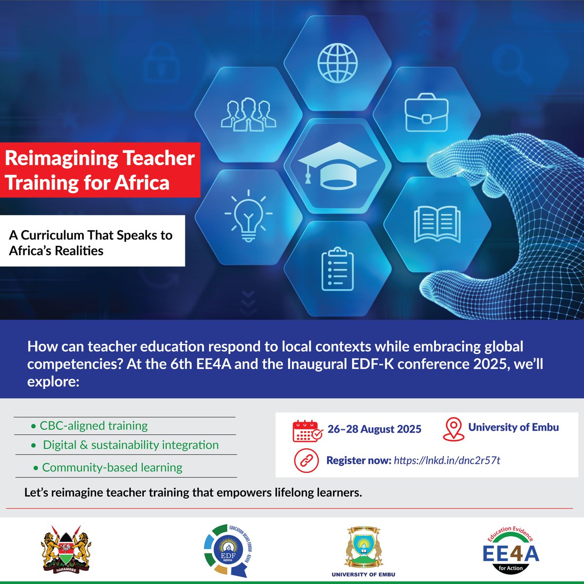 📢 Big News!

For the first time, EE4A &amp; EDF-K will co-host the 6th Biennial Conference under the theme: Re-imagining Education Kenya: Reforming Teacher Education for Sustainable Development 🌍📚

Register Now: educationevidence4action.com
#EE4A2025 #Evidence4Action #Teachereducation