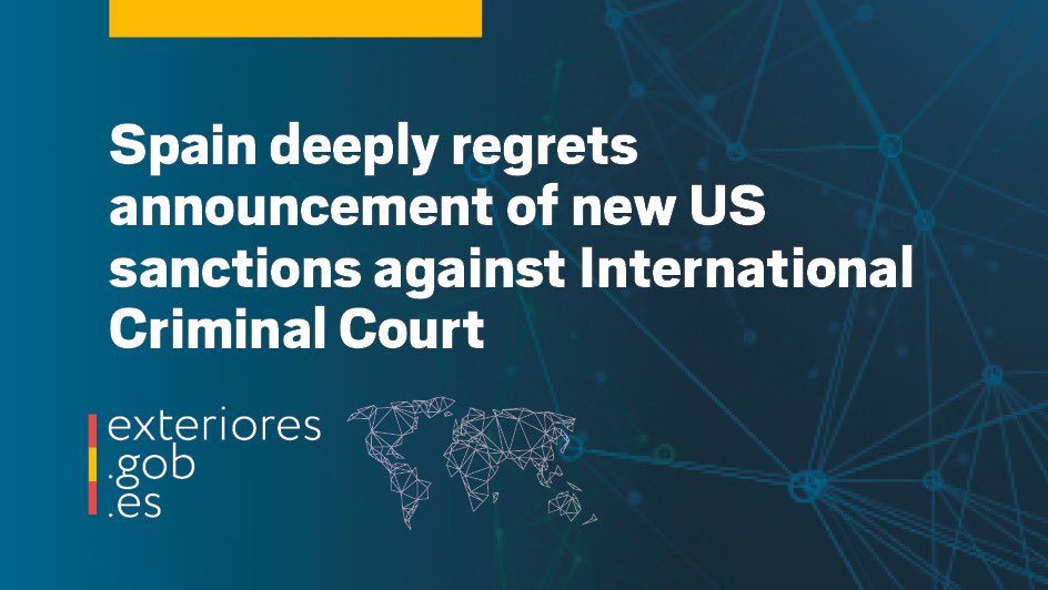 Spain MFA (@spainmfa) on Twitter photo Spain deeply regrets the announcement of new US sanctions against the <a href="/IntlCrimCourt/">Int'l Criminal Court</a>, this time against two judges and two prosecutors.
🔗 exteriores.gob.es/en/Comunicacio… Spain deeply regrets the announcement of new US sanctions against the <a href="/IntlCrimCourt/">Int'l Criminal Court</a>, this time against two judges and two prosecutors.
🔗 exteriores.gob.es/en/Comunicacio…