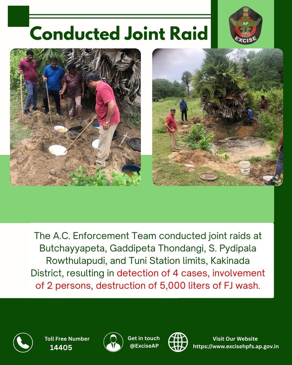 🚨 Excise Raids | Kakinada 🚨
The A.C. Enforcement Team conducted joint raids at Butchayyapeta, Gaddipeta, Thondangi, S. Pydipala, Rowthulapudi &amp; Tuni limits, leading to:

✅ Detection of 4 cases
✅ 2 persons involved
✅ Destruction of 5,000L FJ wash
#ExciseEnforcement #Kakinada