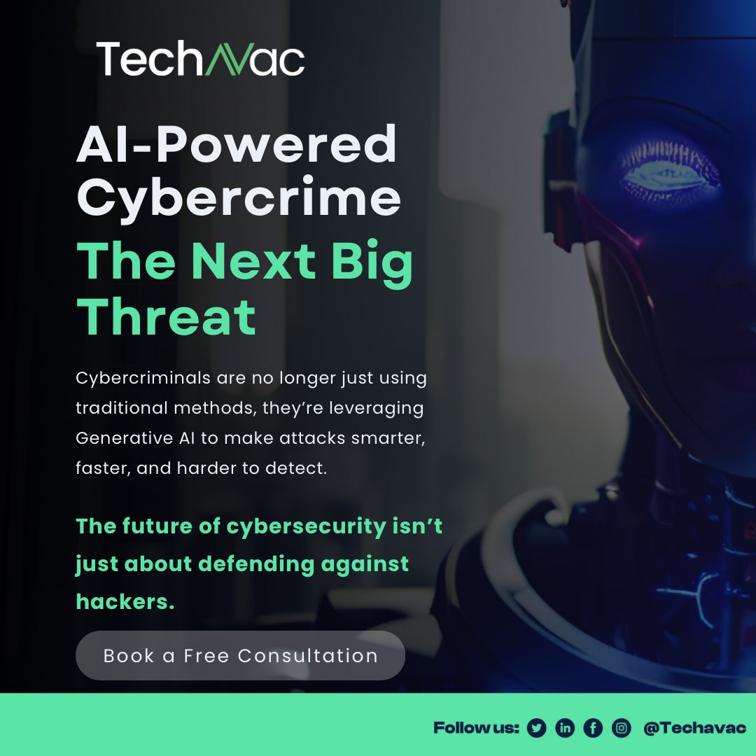 techavac's tweet photo. AI-Powered Cybercrime: The Next Big Threat!!!

Hackers aren’t sticking to old tricks anymore,  they’re harnessing Generative AI to create attacks that are sharper, quicker, and stealthier than ever. https://t.co/iZWhqVEOrd