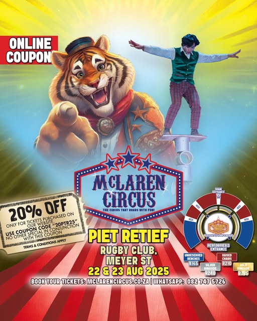 mclarenscircus's tweet photo. #McLarenCircus Spectacular Comes to #PietRetief for 2 Days on Friday & Saturday πͺππ¦π―π΄π©π©π€‘π
π₯³πβ€οΈ
#Mkhondo #KZN #eSwatini Coming Soon to #Volksrust #Ermelo #Mpumalanga
Frame 1 Hotto Mbali Hyper Price Drop #BetwayPrem #SizTheWorld
Buy Tickets Online: https://t.co/Y5XPaa1RcI https://t.co/utKNVFfqrj