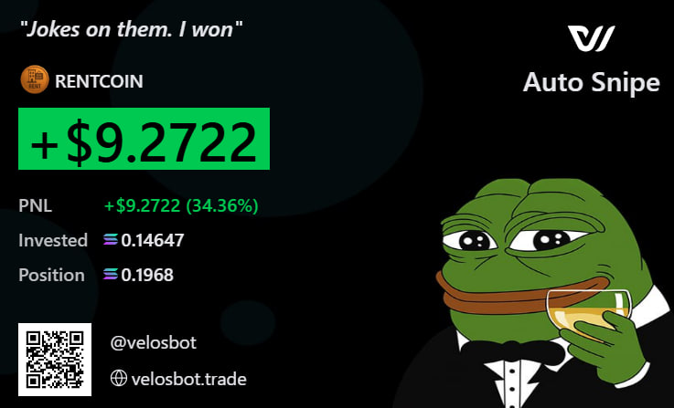 #botSnipe
#RENTCOIN
CA : Ex6uSRr6Eb6YN2ZrEK2PbMDGmg1QtjFCjSLvv3cJpump
Snipe time: 3 seconds
Snipe on velosbot.trade/?ref=SolSniper…

#velosbot <a href="/velosbot/">VelosBot</a> #solanasnipebot