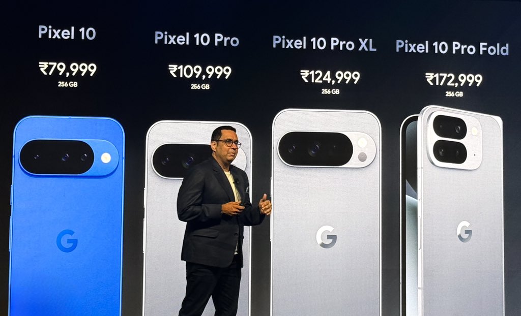 🚨 Pixel 10 Series India Pricing 🚨

📱 Pixel 10 – ₹79,999
📱 Pixel 10 Pro – ₹1,09,999
📱 Pixel 10 Pro XL – ₹1,24,999
📱 Pixel 10 Pro Fold – ₹1,72,999

👉 All models start at 256GB storage.

Which one are you eyeing? 👀🔥 #Pixel10 #MadeByGoogle