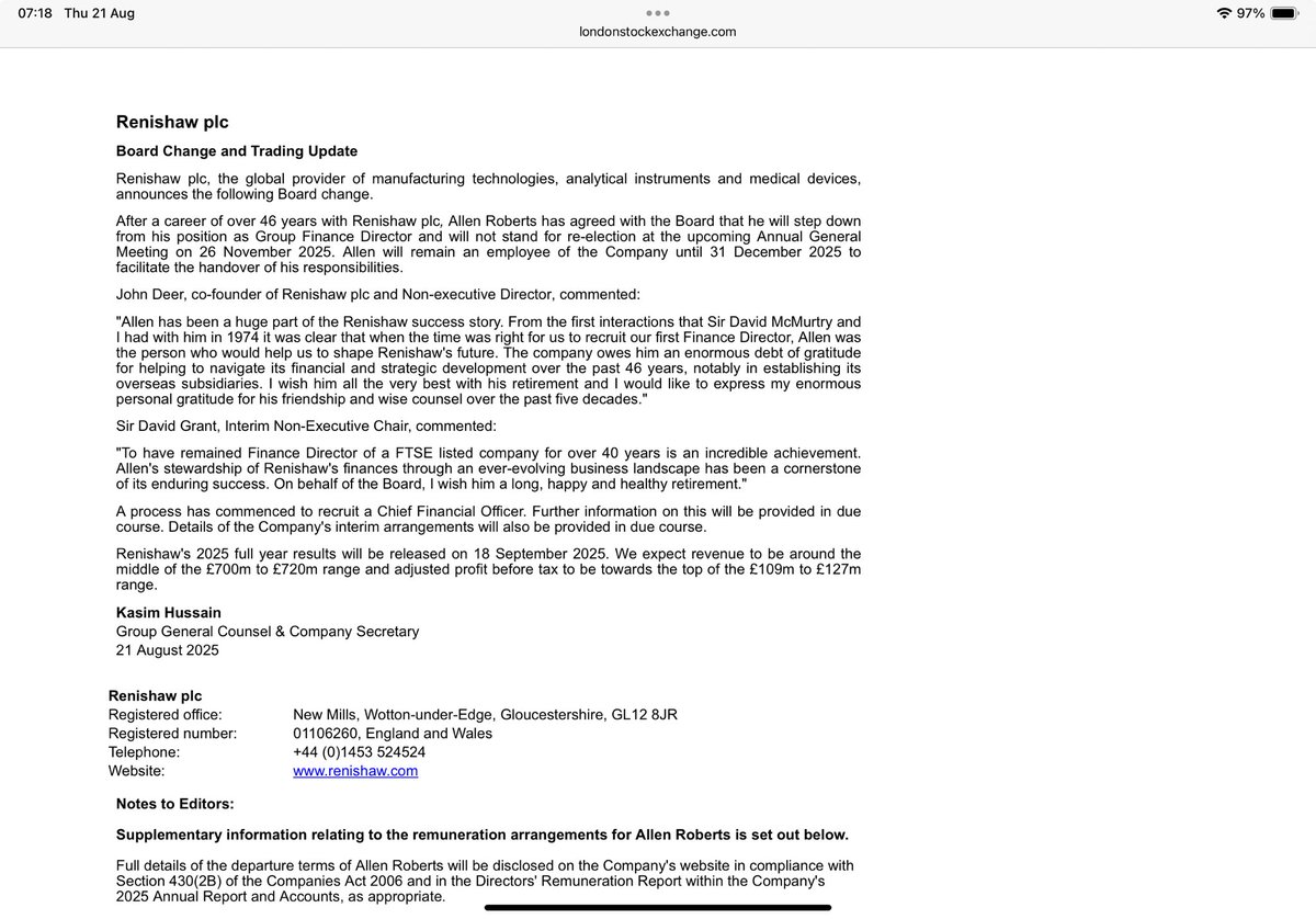 reb40's tweet image. #RSW a well deserved retirement for FD Allen Roberts after 46 years 👏🏼

Makes the rest of us look like beginners with our L plates on 😆

A reassuring TU included “adjusted profit before tax to be towards the top of the £109m to £127m range”