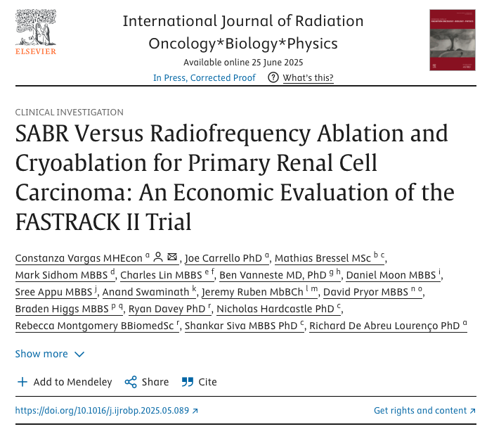 mirrorsmed's tweet photo. SABR 🆚 Radiofrequency Ablation and Cryoablation for Primary Renal Cell Carcinoma: An Economic Evaluation of the FASTRACK II Trial

https://t.co/hTlDSiBewk

The FASTRACK II trial’s cost-effectiveness analysis found that stereotactic ablative body radiotherapy☢️ (SABR) is both more effective and less costly than radiofrequency ablation (RFA) or cryoablation (CA) for patients with inoperable renal cell carcinoma. While patients experienced an initial decline in quality of life after SABR—mainly due to fatigue and shortness of breath—scores later approached baseline. Over a 10-year modeled horizon, SABR consistently provided greater quality-adjusted life years at lower cost, remaining dominant in nearly all sensitivity analyses. 

These results suggest SABR should be considered the preferred treatment option in this setting from both a clinical and economic perspective. #KidneyCancer

@DrDanielMoon
@DavePryorRO
@HardcastleNick
@_ShankarSiva