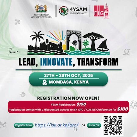 ysnuganda's tweet photo. Join young geospatial leaders from Africa at the 4th FIG Young Surveyors African Regional Meeting (4YSAM)
Happening 27–28 Oct 2025 in Mombasa, Kenya
Theme: LEAD. INNOVATE.TRANSFORM.
Registration Fee: $150 
Bonus: Get access to the 10th ISK ARC/CASTLE Conference for just $100! https://t.co/uyl7ZNXxGp