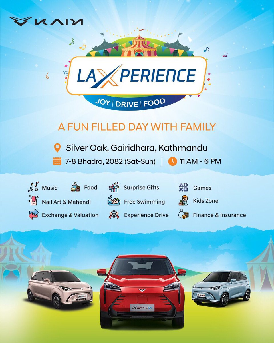 KaiyiGoauto's tweet photo. Celebrate togetherness this festive season with Kaiyi at LAXperience.
Step into a weekend of joy, drive, and food with your family at Silver Oak, Gairidhara.
Date: 7–8 Bhadra, 2082 (Saturday &amp; Sunday)
Time: 11 AM – 6 PM
Venue: Silver Oak, Gairidhara, Kathmandu. https://t.co/J261e9m3Hd