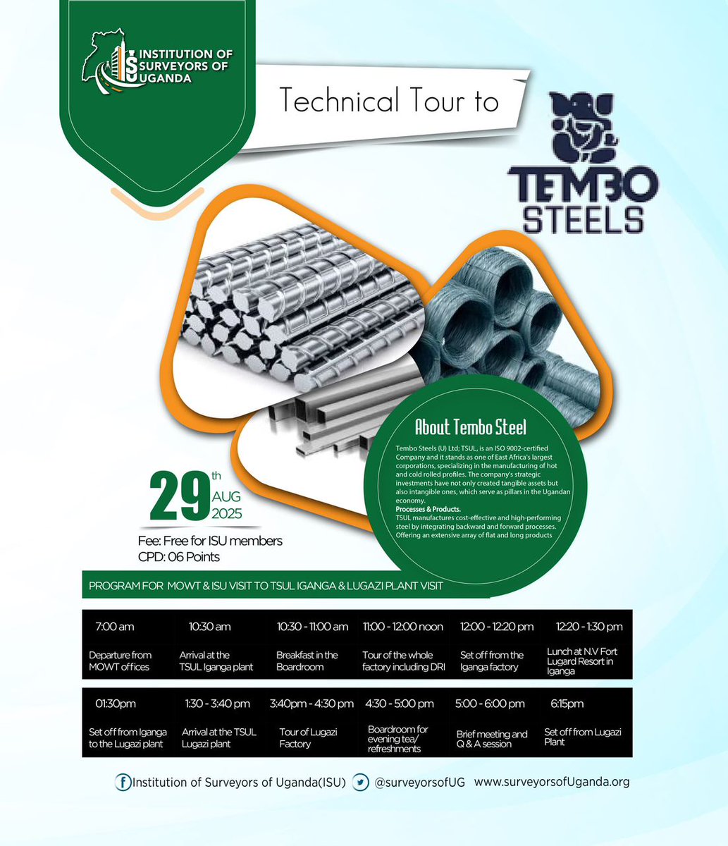 ysnuganda's tweet photo. Dear Members,
ISU has organized a *TECHNICAL TOUR to Tembo Steels Ltd (Iganga &amp; Lugazi Plants).* The tour is scheduled for *Friday, 29th August, 2025 (whole day) and is fully sponsored.*
Check the flier for details
Please Express interest by filling out the form at the link: https://t.co/ct6cYKQ9N5