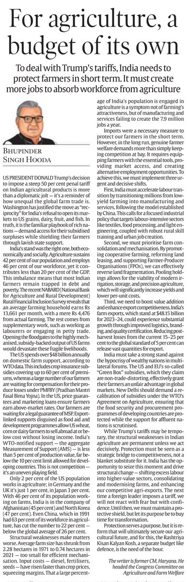 Bhupinder Singh Hooda (@bhupindershooda) on Twitter photo Socio-economic contexts of Indian & US agricultural sectors are different. US & EU’s “Green Box” subsidies give their farmers an unfair advantage. Our govt should demand a recalibration of subsidies & bring in long-term reforms. I write for <a href="/IndianExpress/">The Indian Express</a>
indianexpress.com/article/opinio… Socio-economic contexts of Indian & US agricultural sectors are different. US & EU’s “Green Box” subsidies give their farmers an unfair advantage. Our govt should demand a recalibration of subsidies & bring in long-term reforms. I write for <a href="/IndianExpress/">The Indian Express</a>
indianexpress.com/article/opinio…