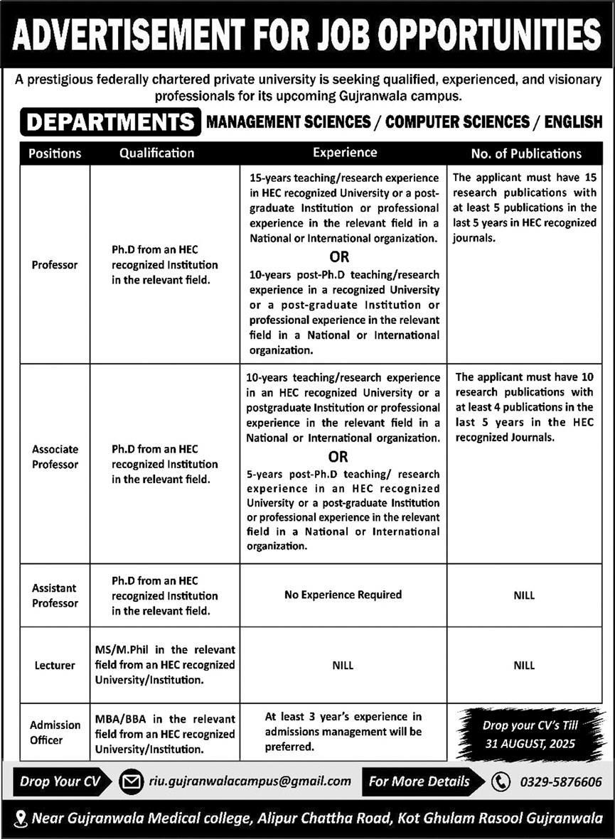 pkemployment's tweet photo. Private University Jobs Gujranwala Campus https://t.co/fUDDl0rRE0 https://t.co/Z0DC6RLJXp