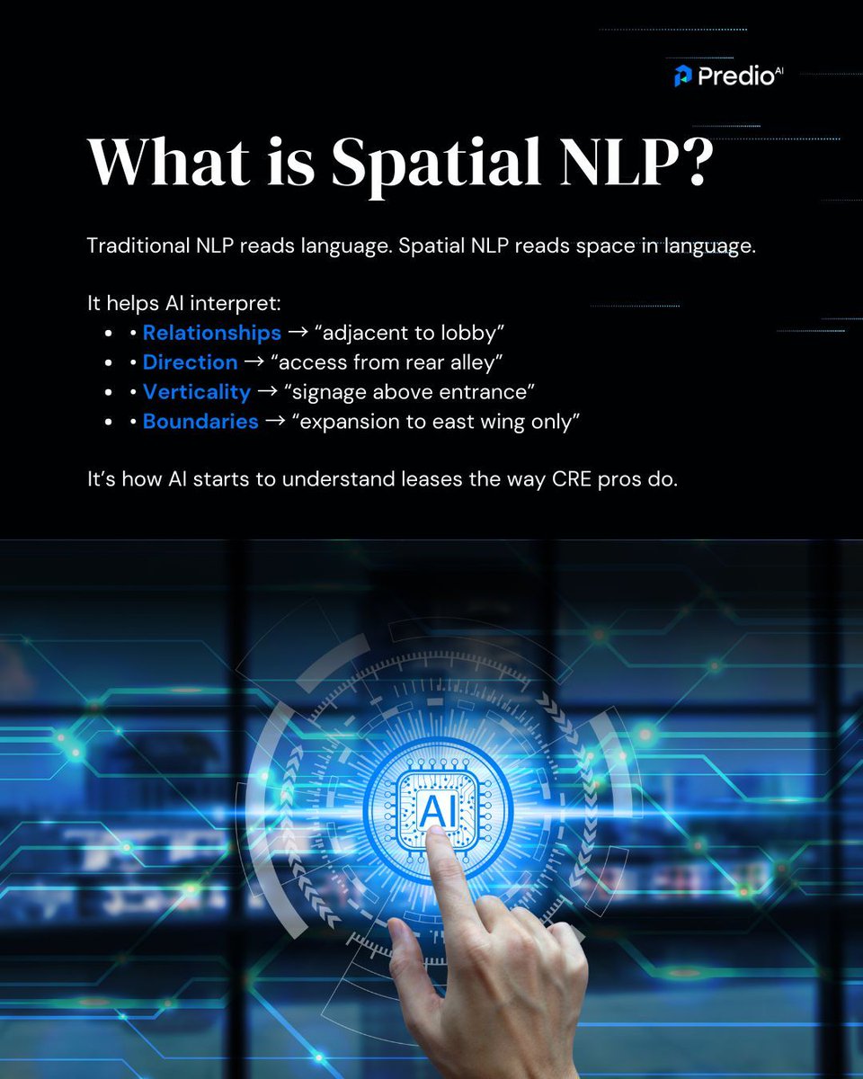 PredioAI's tweet image. Spatial NLP goes beyond reading text and starts understanding space the way CRE pros do. From “adjacent to the lobby” ➡️ to “signage above entrance” 🏢, PredioAI helps your team read leases with true spatial intelligence. Smarter. Faster. More spatially aware. ✨ #PredioAI