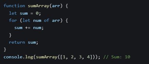 Iamnexvyn's tweet photo. Showcasing: JS function to sum an array of numbers. Loops through and adds up—basic stats tool! #ArraySum https://t.co/VHcBcglw6L