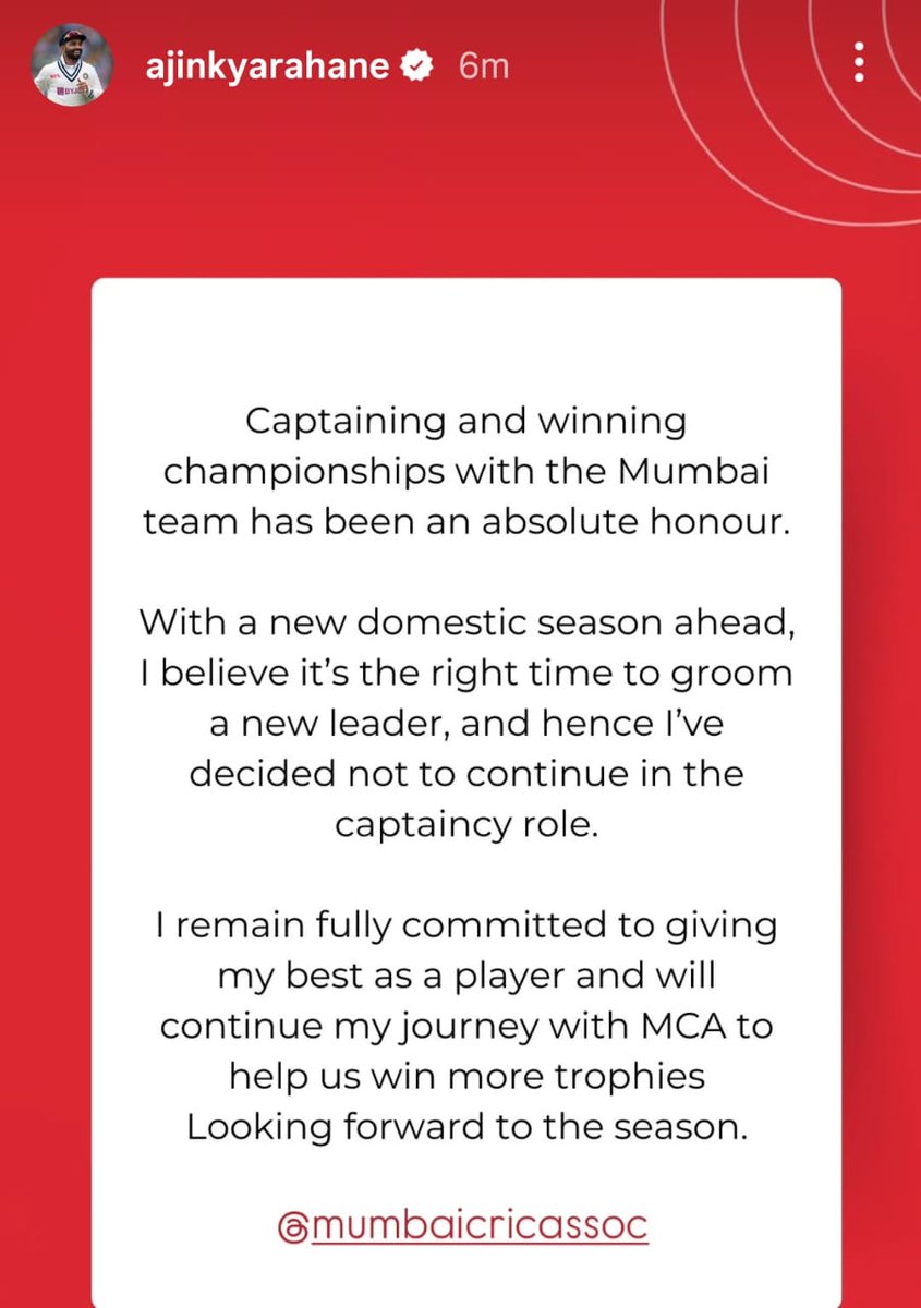Gaurav Gupta (@toi_gauravg) on Twitter photo #breaking Ajinkya Rahane quits as Mumbai Ranji captain..he led the Mumbai Ranji team to their 42nd title in the 2024-25 season and the semifinals of the Championship last season #AjinkyaRahane <a href="/MumbaiCricAssoc/">Mumbai Cricket Association (MCA)</a> #breaking Ajinkya Rahane quits as Mumbai Ranji captain..he led the Mumbai Ranji team to their 42nd title in the 2024-25 season and the semifinals of the Championship last season #AjinkyaRahane <a href="/MumbaiCricAssoc/">Mumbai Cricket Association (MCA)</a>