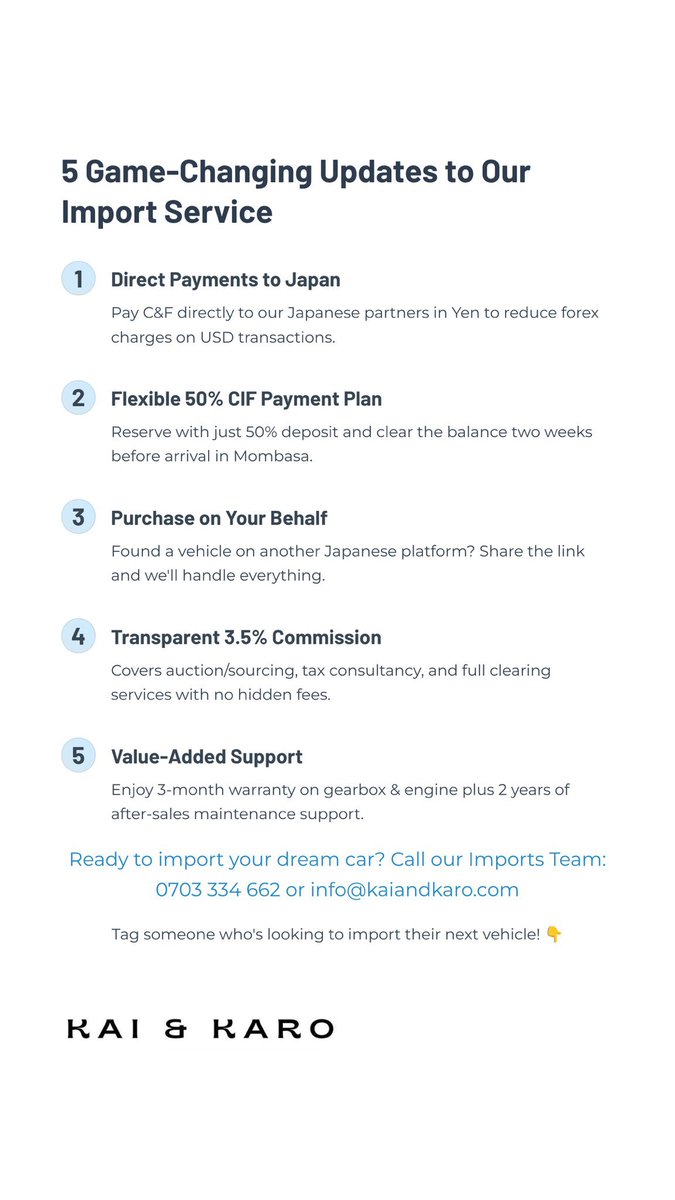 We are pleased to announce the resumption of our direct vehicle import services from Japan.
With improved structures, streamlined processes, and flexible payment options, we are committed to delivering greater transparency, efficiency and value.
Contact us 0703334662 for queries