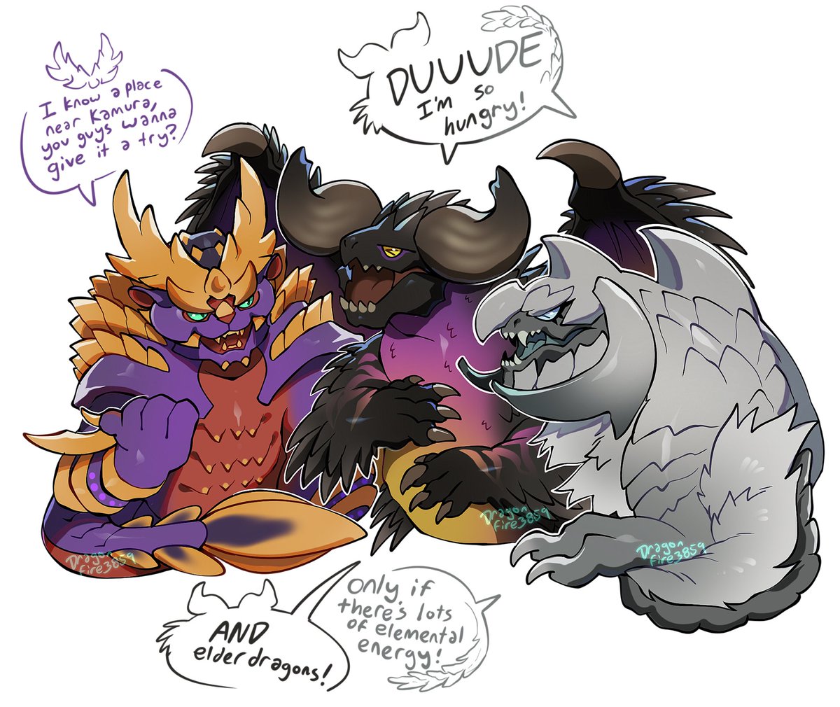 i see ppl pit them against each other but i see them all as a gang of foodies who tell each other the best spots for tasty meals #monsterhunter #magnamalo #nergigante #arkveld