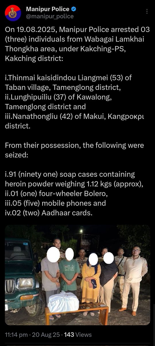 Sumkawn's tweet photo. Manipur: Hypocrisy must be confronted, as it is essential to address one's own flaws before passing judgment on others. 

The FNCC's blockade of the Kuki's alternative road for over 20 days, justified by their so-called War on Drugs, is highly questionable. Meanwhile, four individuals from their community were arrested with 1.12 kilograms of herōïn powder. This contradiction cannot be ignored.

@manipur_police @LIANGMAIPOST @RajBhavManipur @HMOIndia @PTI_News @LiveLawIndia @vijaita @BDUTT @power_corridors @SumirDH @nabilajamal_ @sardesairajdeep