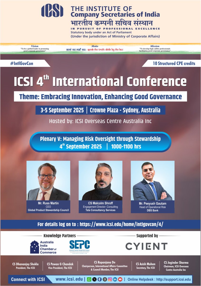 Institute of Company Secretaries of India (ICSI) (@icsi_cs) on Twitter photo #ICSI 4th International Conference: Plenary V on Managing #Risk Oversight through #Stewardship. For details visit icsi.edu/home/intlgovco… #IntlGovCon #GoodGovernance <a href="/HCICanberra/">India in Australia</a> <a href="/MEAIndia/">Randhir Jaiswal</a> <a href="/DrSJaishankar/">Dr. S. Jaishankar</a> <a href="/nsitharaman/">Nirmala Sitharaman</a> <a href="/hdmalhotra/">Harsh Malhotra</a> <a href="/MCA21India/">Ministry of Corporate Affairs</a> <a href="/AustIndChamber/">Australia India Chamber of Commerce (AICC)</a> <a href="/Sepc_India/">SEPC India</a> <a href="/Cyient/">Cyient</a> #ICSI 4th International Conference: Plenary V on Managing #Risk Oversight through #Stewardship. For details visit icsi.edu/home/intlgovco… #IntlGovCon #GoodGovernance <a href="/HCICanberra/">India in Australia</a> <a href="/MEAIndia/">Randhir Jaiswal</a> <a href="/DrSJaishankar/">Dr. S. Jaishankar</a> <a href="/nsitharaman/">Nirmala Sitharaman</a> <a href="/hdmalhotra/">Harsh Malhotra</a> <a href="/MCA21India/">Ministry of Corporate Affairs</a> <a href="/AustIndChamber/">Australia India Chamber of Commerce (AICC)</a> <a href="/Sepc_India/">SEPC India</a> <a href="/Cyient/">Cyient</a>