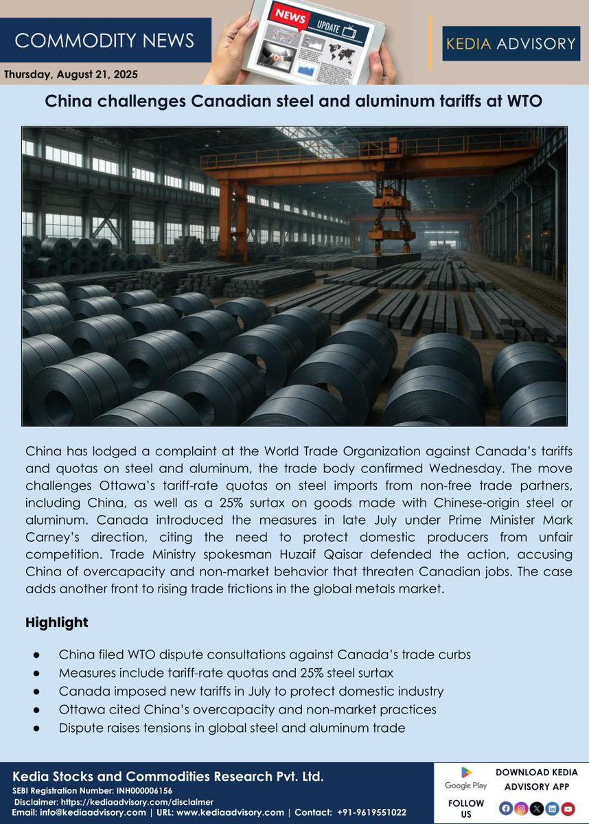 China challenges Canadian steel and aluminum tariffs at WTO
#China #Canada #Steel #Aluminum #WTO #Trade #Markets #Economy