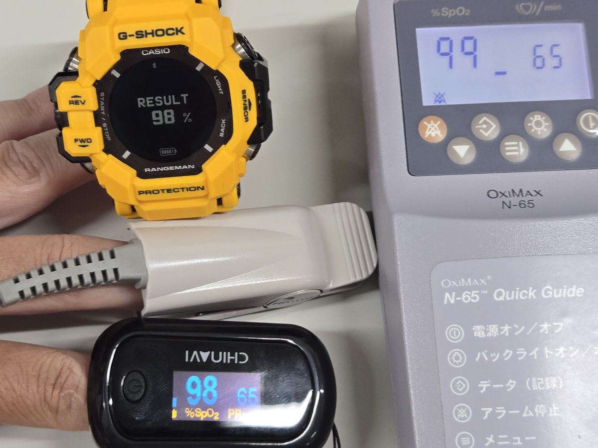 Fiff2Mat's tweet photo. G-shockとちゃいなびのSpO2、コヴィディエンジャパンのSpO2より1～2%くらい低かった。 https://t.co/fQOB2U5EjV