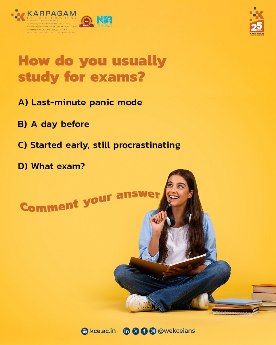 wekceians's tweet image. We all have our own way of dealing with exams. Tell us how you study by picking an option and commenting below. Let’s see which study style wins.

#ExamTime #StudyStyle #StudentLife #Exams2025 #StudyMotivation #CampusVibes #CollegeLife #StudyWithMe #ExamPrep #StudentCommunity
